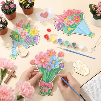 Hollowfly 24 Sets Religious Mother's Day Crafts Color Your Own Wooden Flower Cards Sign with Paint Pots & Brushes DIY Mother's Day Christian Gift for Church Sunday School Classroom Activities