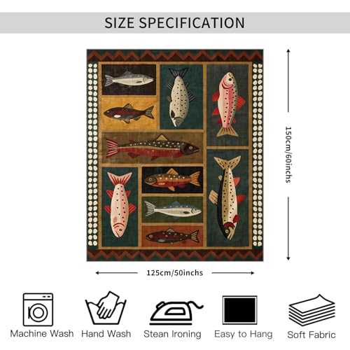 FoxUncle Fish Tapestry 50 X 60 Inches Vintage Dark Western Wall Art Rustic Country Salmon Trout Painting Retro Cabin Aesthetic Decor for Living Room Bedroom - color: Black, size: 60"L x 50"W