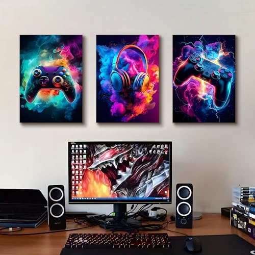 WENGTIAO 3Pcs Neon Gamepad Headphones Canvas Wall Art Prints 16"x24" - color: Cool Game Controller, size: 16"x24"x3Pcs