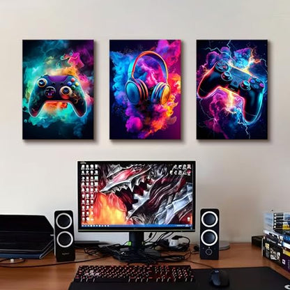 WENGTIAO 3Pcs Neon Gamepad Headphones Canvas Wall Art Prints 16"x24" - color: Cool Game Controller, size: 16"x24"x3Pcs