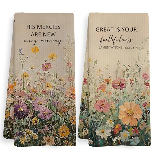 Christian Floral Tea Towel Gifts, Vintage Wildflower Scripture Bible Verse Decor Decorative Dish Hand Towels for Bathroom Kitchen, Christian Kitchen Towels and Dishcloths Sets of 2, 16x24Inch - color: Wildflower