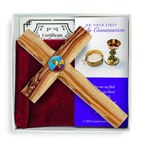 First Communion Sacrament Cross, Boxed Gift Set with Certificate of Authenticity, Prayer Card, & Velvet Pouch, For Boys & Girls, Catholic & Christian Holy Land Olive Wood From Israel - color: First Communion
