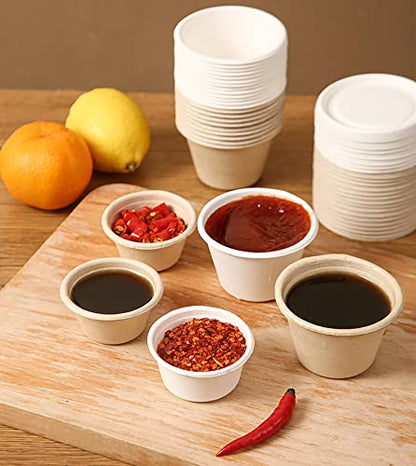 Yesland 200 Pack 2 oz Natural Bagasse Fiber Cups with Lids, 2.3'' x 1.1''(H) x 1.6'' Paper Tasting Cups Disposable Sample Food cup, Compostable Sauce Containers for Snack Tasting Charcuterie - color: Natural