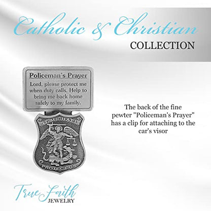 True Faith Jewelry Pewter St Michael Car Visor Clip, Policeman's Prayer Archangel Patron Saint of Police, Law Enforcement Officer Gifts for Men and Women, Fine Pewter (92% Tin), 2-5/8 x 1-1/2 Inch - size: St. Michael