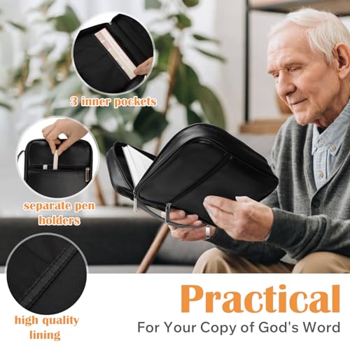 Small Bible Cover Case for Women and Men, 9x6 PU Leather Bible Sleeve, Compact Travel Bible Carrier Bag with Front Pen Holders, Zipper Closure, Inner Pockets - Black - color: Black, size: 9''x6.5''