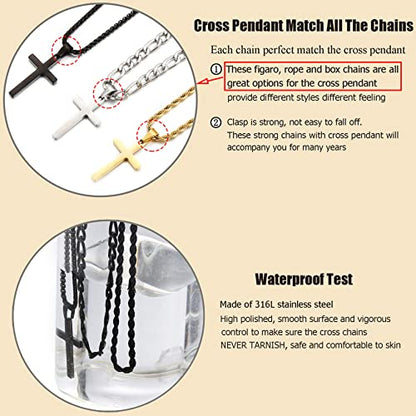 3Pcs Set Cross Necklace for Men, Mens Cross Necklace Cross Chain Layered Stainless Steel Rope Figaro Chains for Women Boys Gold Silver Black (20inch/22inch) - color: Black