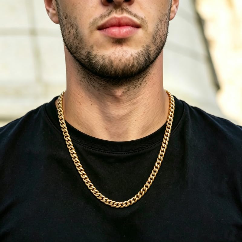 Reoxvo Stainless Steel Cuban Link Chain Necklaces Jewelry for Men - color: b.6mm width-gold plated, size: 18.0 Inches