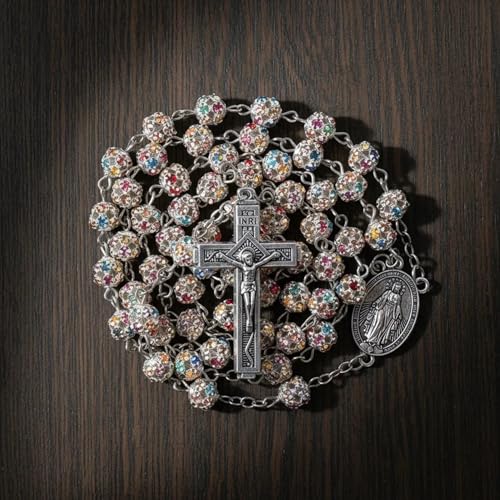 Nazareth Store Colorful Zirconia Crystal Beads Rosary Silver Catholic Necklace with Miraculous Medal Cross Crucifix Multicolor Rosaries in Velvet Bag - color: multicolor