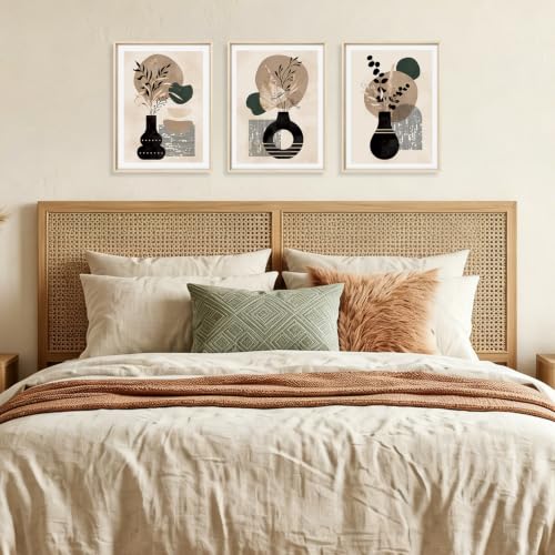 HOURIA Mid Century Modern Black Vase Framed Canvas Wall Art Set- 12"x16"x3 - color: Boho Vase Botanical Wall Art, size: 12"L x 16"W