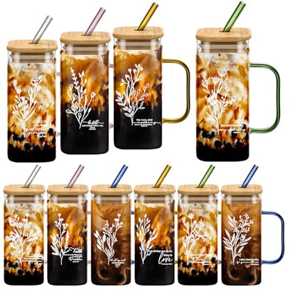 10 Pcs Christian Glass Tumbler Bulk 13.5oz Vacation Bible School Gift Bible Verse Drinking Glass with Handle Lid Straw Inspirational Religious Appreciation Cup for Church Women Office Teacher - style: Bible Style