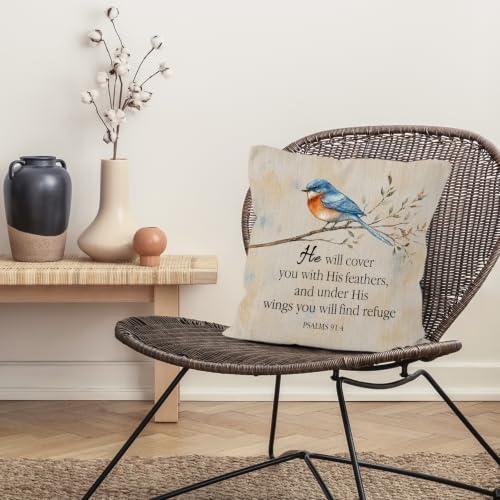 Farmhouse Christian Bible Verse Blue Bird Throw Pillow Cover 18x18 - color: Christian