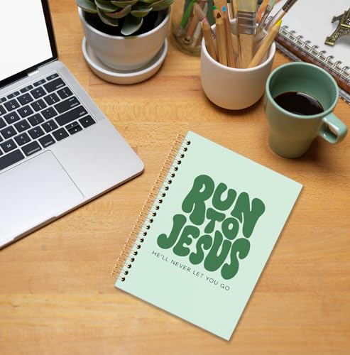 Green Christian Spiral Notebook, Run to Jesus Bible Verse Journal, Religious Scripture Journals for Writing, Bible Notebooks for Note Taking, Church Notes Journal, 5.5x8.3 Inch - color: Jesus-Green