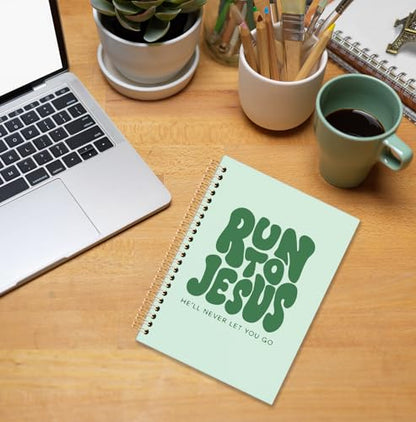 Green Christian Spiral Notebook, Run to Jesus Bible Verse Journal, Religious Scripture Journals for Writing, Bible Notebooks for Note Taking, Church Notes Journal, 5.5x8.3 Inch - color: Jesus-Green