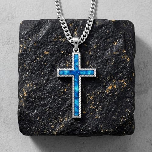 MRENITE Silver Natural Stone Cross Necklace, Classic Latin Cross Pendant Necklace for Unisex Women Man, Vintage Crystal Quartz Cross Necklace with 20+2 Inches Adjustable Cuban Chain - style: Blue Opal
