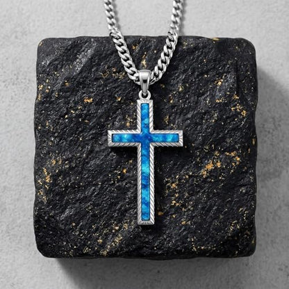 MRENITE Silver Natural Stone Cross Necklace, Classic Latin Cross Pendant Necklace for Unisex Women Man, Vintage Crystal Quartz Cross Necklace with 20+2 Inches Adjustable Cuban Chain - style: Blue Opal
