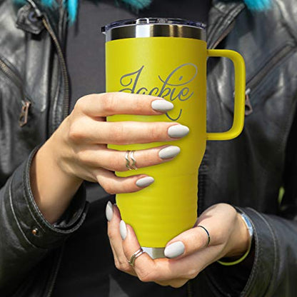 The Wedding Party Store Custom Personalized 20 oz Stainless Steel Powder Coated Vacuum Insulated Double Walled Travel Tumbler Coffee Mug with Handle and Lid (Yellow) - color: Yellow