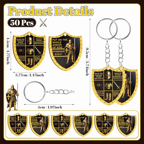 50 Pack Christian Put on the Whole Armor of God Keychains Church Gifts for Men, Military Knight Religious Key Ring