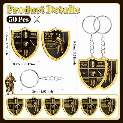 50 Pack Christian Put on the Whole Armor of God Keychains Church Gifts for Men, Military Knight Religious Key Ring