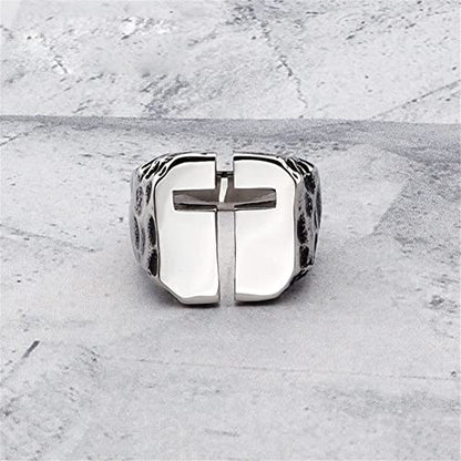 Men's Stainless Steel Ring Cutout Christian Cross Statement Signet Rings - color: silver