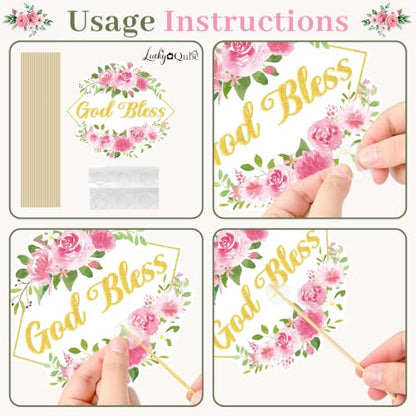 Floral God Bless Centerpiece Sticks Pink First Communion Table Toppers Double Sided Baby Girl Baptism Party Decorations for Christening Celebration Religious Supplies