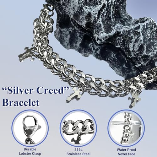 Silver Creed Cross Bracelet For Men Women, Adjustable Cuban Link Stainless Steel Chain Bracelets with Four Cross Charms, Religious Christian Gift for Boyfriend Dad and Son