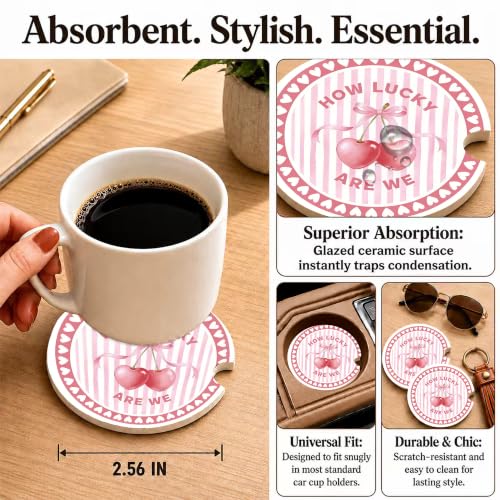 Pink Cherry Car Coasters, How Luck are We Coquette Cup Holders, 03 - color: Pink Cherry