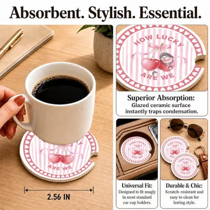 Pink Cherry Car Coasters, How Luck are We Coquette Cup Holders, 03 - color: Pink Cherry