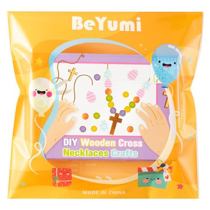 BeYumi Easter Cross Necklace Craft - 24Pcs Easter Christian Wooden Cross Eggs Beads Necklace Craft Kit for Kids DIY Gift Religious Jesus Eggs Decor Sunday School Classroom Church Party Fun Activities - style: Easter Egg