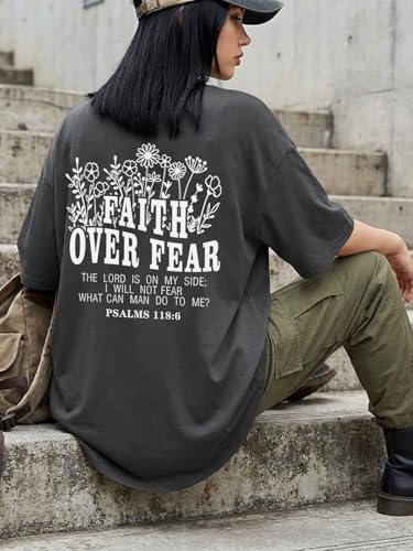 Christian Shirts for Women Faith Over Fear Oversized Graphic Tees - color: Darkgrey, size: Medium