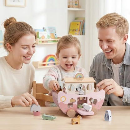 Joyreal Pink Wooden Noah's Ark Toy for 1 Year Old Baby Girl Baptism Gifts - color: Pink