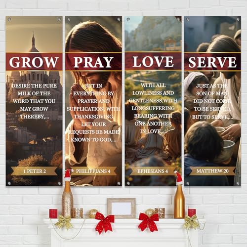 4Pcs Spring Church Banners for Sanctuary Wall Welcome Religious Banner Hanging Backdrop Yellow Serve Grow Love Pray Signs Bible Verses Scripture Church Hanging Signs for Sunday School Decor - style: Serve Grow Love Pray