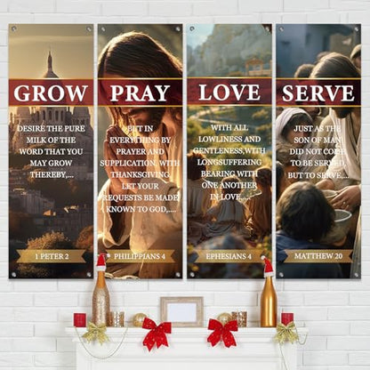 4Pcs Spring Church Banners for Sanctuary Wall Welcome Religious Banner Hanging Backdrop Yellow Serve Grow Love Pray Signs Bible Verses Scripture Church Hanging Signs for Sunday School Decor - style: Serve Grow Love Pray