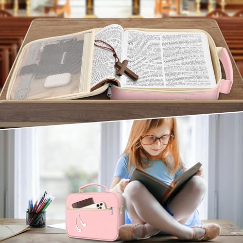 FINPAC Bible Cover with Shoulder Strap, Church Book Carrying Bible Case Bag - color: Letter Pink