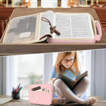 FINPAC Bible Cover with Shoulder Strap, Church Book Carrying Bible Case Bag - color: Letter Pink