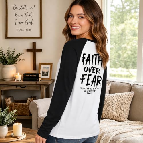 Christian Shirts for Women Faith Over Fear Shirt Jesus Long Sleeve Shirts - color: Black, size: Large