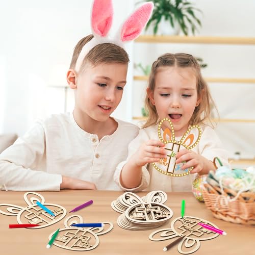 BeYumi Easter Wooden Ornament Craft - 20Pcs NO BUNNY LOVE YOU LIKE A JESUS DIY Wooden Easter Ornaments Craft Kit for Kids Make Your Own Christian Religious Bunny with Gem Sticker Church Party Supplies - style: Bunny