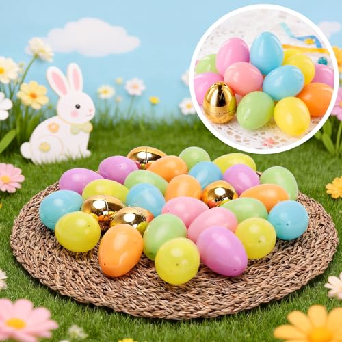 MGparty 150 PCS Easter Eggs Bulk, 2.3" Plastic Fillable Easter Eggs in Pastel Colors with 12 Golden Eggs, Empty Eggs for Egg Hunt, Easter Basket Stuffers, Party Favors, and Decorations