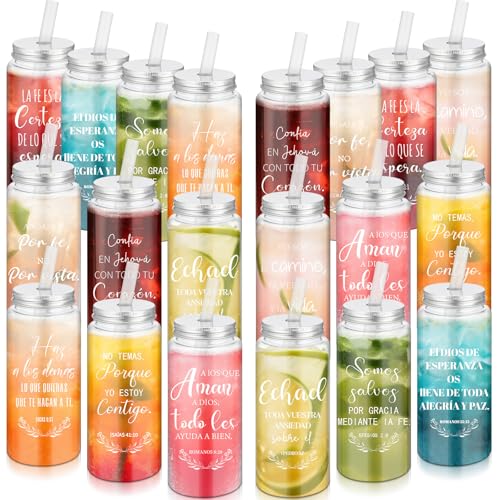 LemonRoad 20 Pack Christian Gift Religious Cups Bulk 13.5 oz Bible Verse Plastic DIY Mason Jar Cups with Straw Lid Reusable for DIY Craft Church Coworker Employee Gift Decoration(Spanish) - style: Spanish