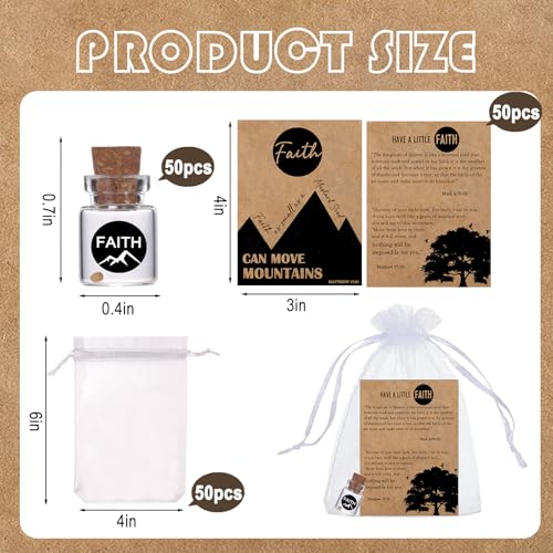 50 Pack Christian Faith Favors Bulk, Mini Glass Bottle Keepsakes with Matthew 17:20 Cards & Organza Bags, "Move Mountains" Religious Inspirational Gifts for Church, Baptism, Sunday School(Kraft-Round-50Pcs) - color: Kraft-Round-50Pcs