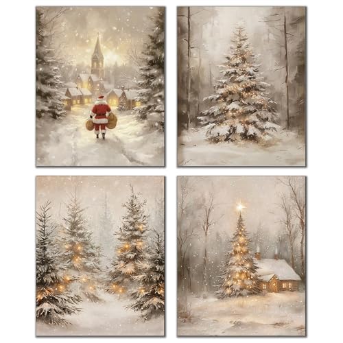 DOFQZ Winter Christmas Wall Art Prints Set of 4, Christmas Home Room Decor, Vintage Winter Xmas Pine Tree Forest Santa Cabin Posters for Home Bedroom Living Room Decor, 8x10 Unframed - color: 06Child, size: 8*10