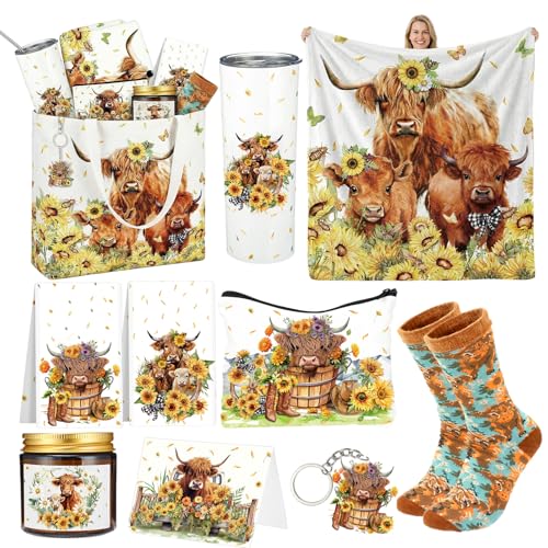 10 Pcs Highland Cow Gifts Set for Women Sunflower Cattle Tumbler Towels Cosmetic Bag Candle Pen Throw Blanket Socks Cards Keychain Handbag for Mom Staff Employee Cow Lover Birthday Gifts - style: Highland Cow