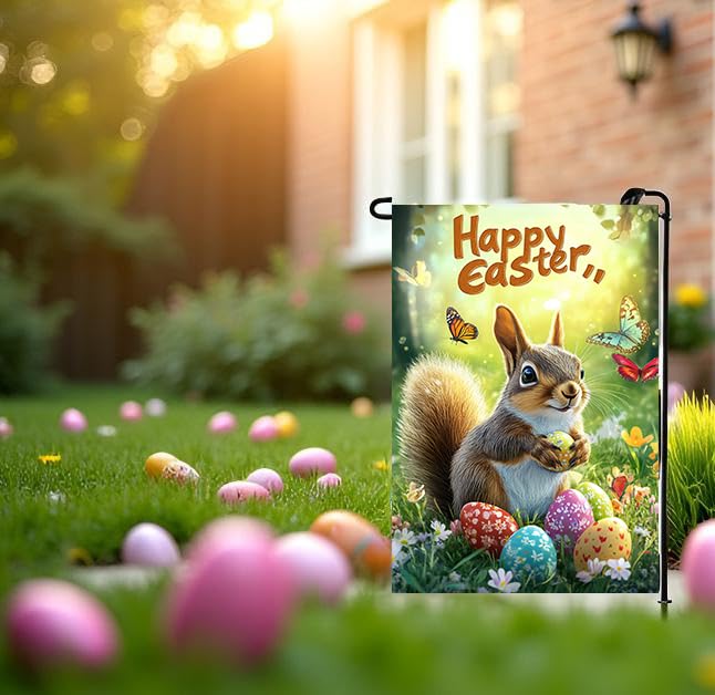 Happy Easter Squirrel Garden Flags 12x18 Double Sided Outside Yard Flags - color: Easter