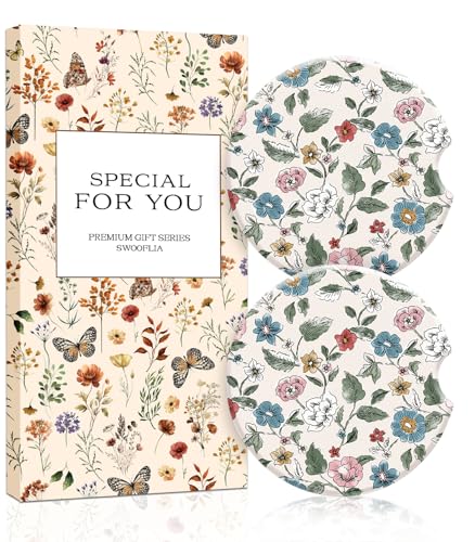 Swooflia Floral Absorbent Ceramic Car Coasters Set of 2, Cute Botanical Wildflower Cup Holder Coasters for Car, Pink Blue Flower Car Accessories for Women, Unique Gifts for Mom, Friends, Teachers - color: Pink-blue Flower