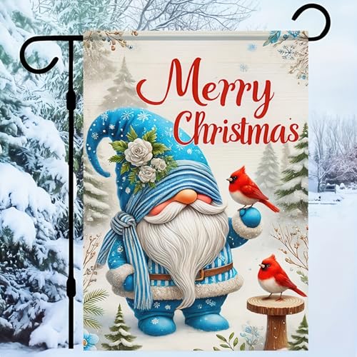 BlissYard Christmas Gnome Garden Flag 12x18 Inch Polyester - color: Gnome and Cardinals