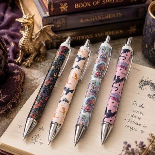 8PC Fantasy Dragon Pens Mystical Gothic Magical Mythical Wizard Sword Black Ink Writing Pen Office Supplies Unique Stationery Nurse Essentials For Work Spooky Gifts For Friends Coworkers Gamers - style: Fantasy Dragon