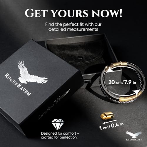 RogueRaven Black Leather Bracelet for Men – Premium Collection – Brown Black Gold Silver | Genuine Leather Mens Bracelet with Stainless Steel Clasp [Adjustable] | In Luxury Gift Box - color: black gold