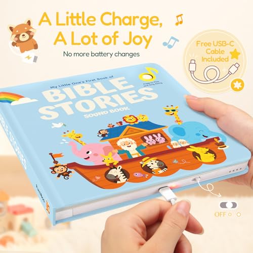 Bible Stories Christian Sound Books for Kids & Toddlers – 6 Christian Jesus Songs, Religious Christening and Baptism Gifts for Baby Boys, Rechargeable Music Song Books, Interactive Bible Toys