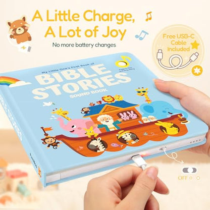 Bible Stories Christian Sound Books for Kids & Toddlers – 6 Christian Jesus Songs, Religious Christening and Baptism Gifts for Baby Boys, Rechargeable Music Song Books, Interactive Bible Toys