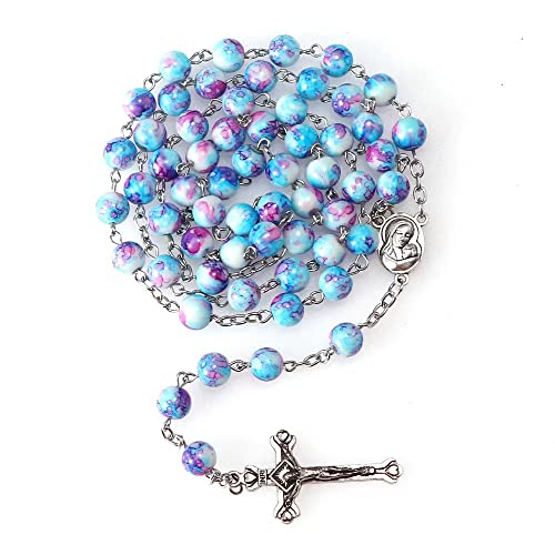 Rosary Beads for Women With Box, Blue Crystal Catholic Necklace, Last Supper Vintage Jewelry Box, Anglican Prayer Beads Christian Gifts - color: Ocean + Rosary Punch
