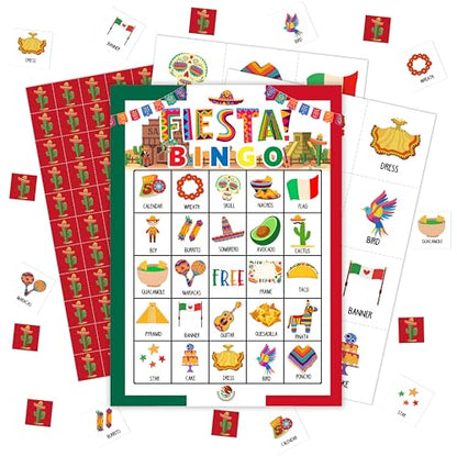 Fiesta Bingo Games, Travel Trip Bingo Cards, Mexican Theme Party Game for Adults Family, Christmas Party Activities, 24 Bingo Sets, A004 - color: Mexican Fiesta